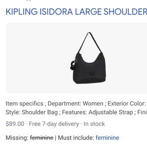 Kipling black large over shoulder bag